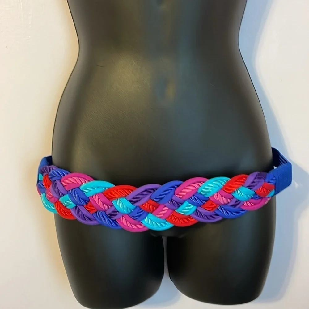 Talbots Vintage Braided Rope Fabric Blue Teal Purple Pink Stretch belt OS